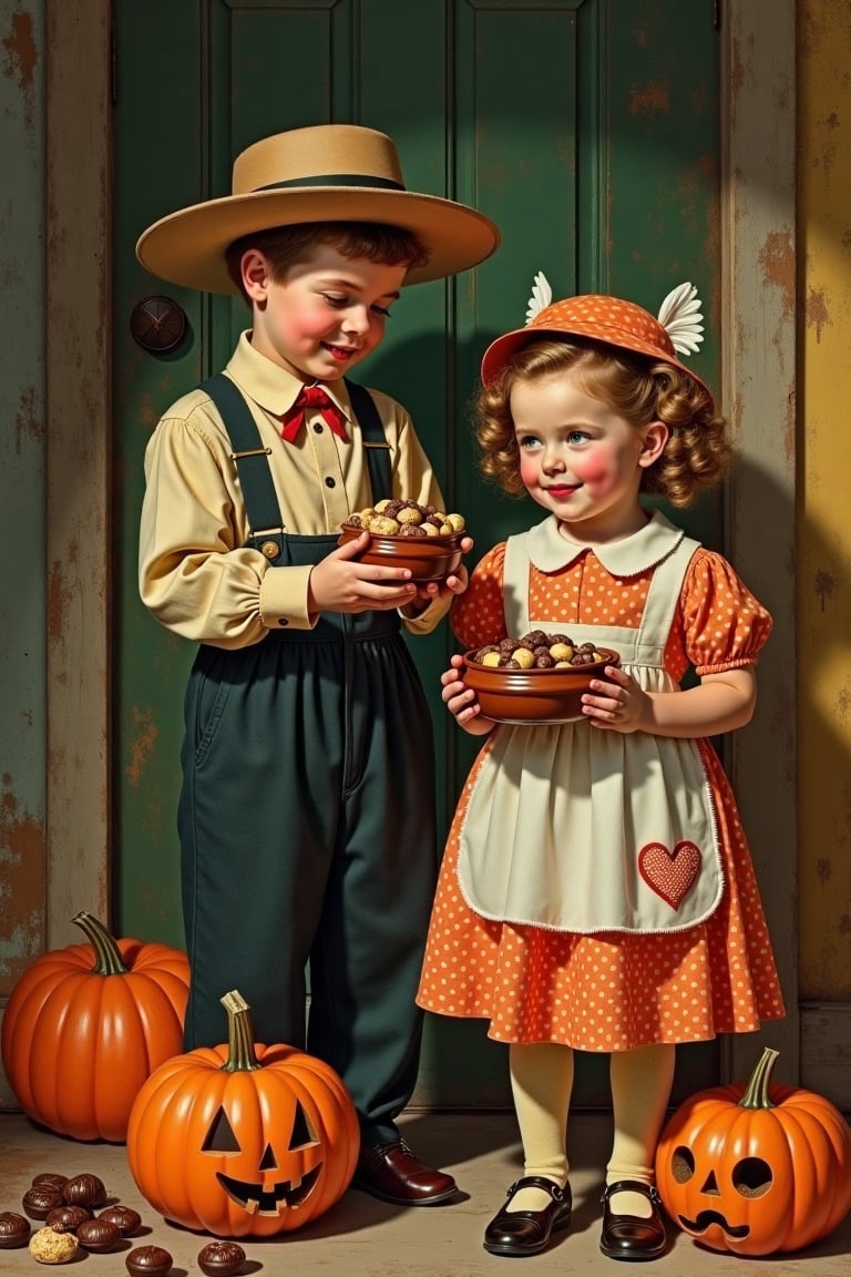 (((vintage 40s age style portrait boys and girls,  Halloween,  candy and chocolates vibrant colors by mal2 on Tensor.Art