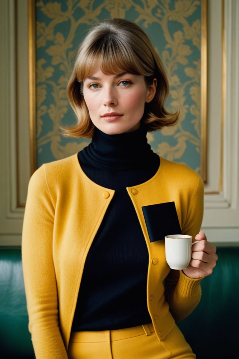 (((Iconic 1960s age style extremely beautiful)))
(((The image is a stylized portrait, likely created for artistic or fashion purposes. The subject's pose and attire suggest a contemporary setting with vintage influences. The solid color background focuses attention on the subject and her expression)))
(((black sweater long sleeves turtleneck)))
(((holding Cup of tea)))
(((Simple minimalist yellow colors backgroun)))
(((looking at viewer)))
((( black short hair bangs)))
(((masterpiece,minimalist,hyperrealistic,photorealistic))) 
(((By Annie Leibovitz style,by Wes Anderson style)))