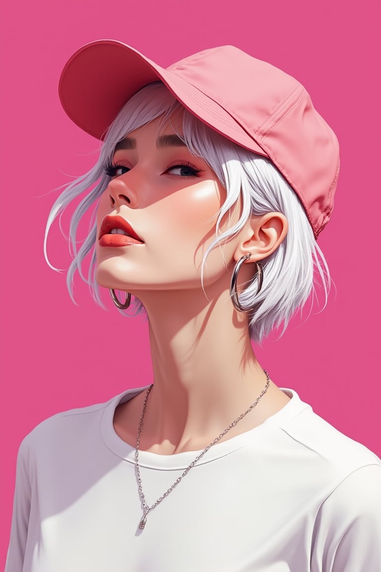  Minimalist vector art illustration of a woman with short white hair, rough digital brush strokes, wearing large hoop earrings and a baseball cap. Extremely overexposed, extremely bright on deep pink background. She is dressed in white shirt. Speed painting low poly sketch. The background color is a flat, pure Klein Blue, with a minimalist, clean, and bright lighting style. This is a simplistic sketch, sharply focused portrait sketch with cinematic studio lighting, resulting in a masterpiece of the highest quality.




