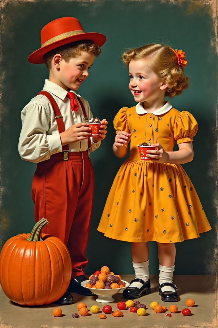 (((vintage 40s age style portrait boys and girls,  Halloween,  candy and chocolates vibrant colors by mal2 on Tensor.Art