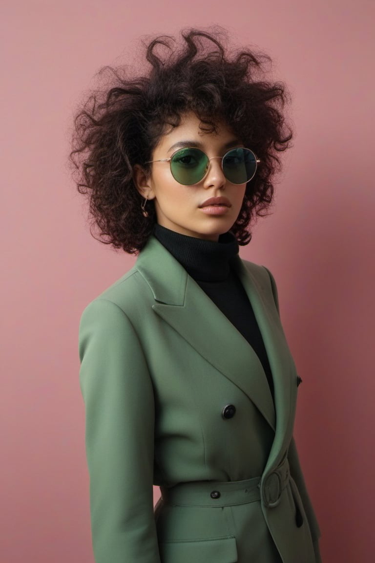 (((Iconic fashion magazine cover photo but extremely beautiful))) (((Black curly messy hair shot with black sunglasses wit...