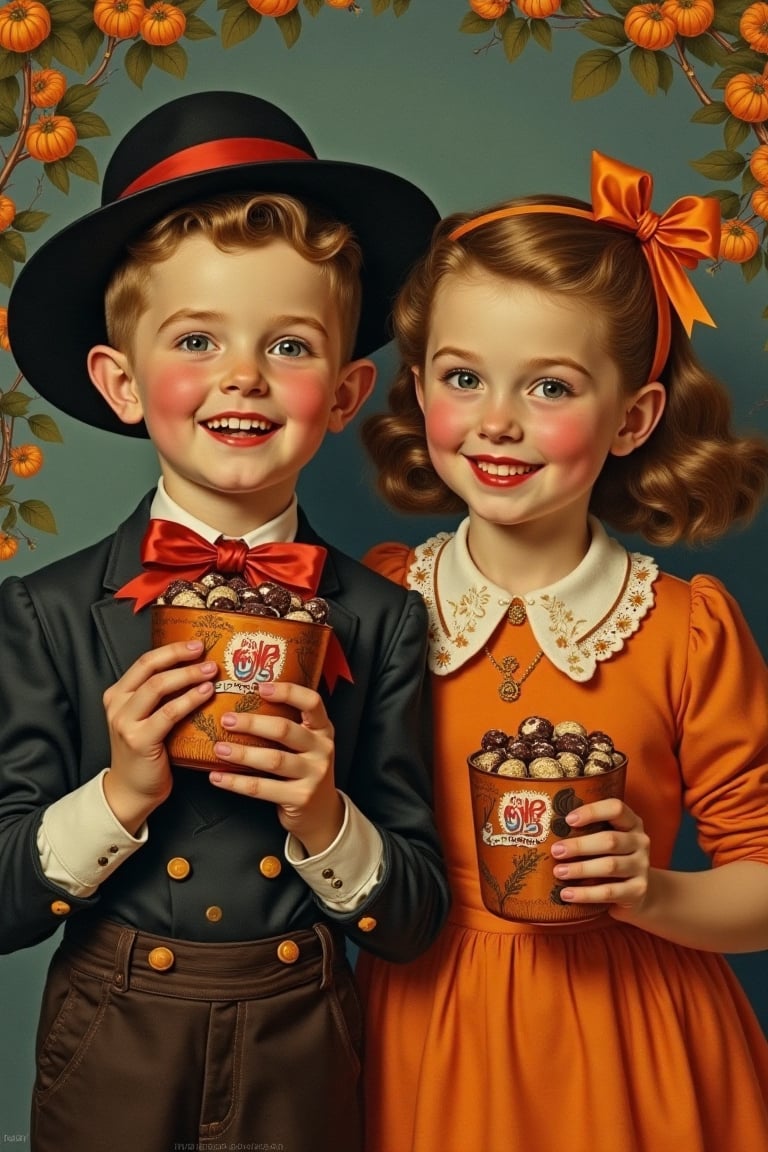 (((vintage 40s age style portrait boys and girls,  Halloween,  candy and chocolates vibrant colors by mal2 on Tensor.Art