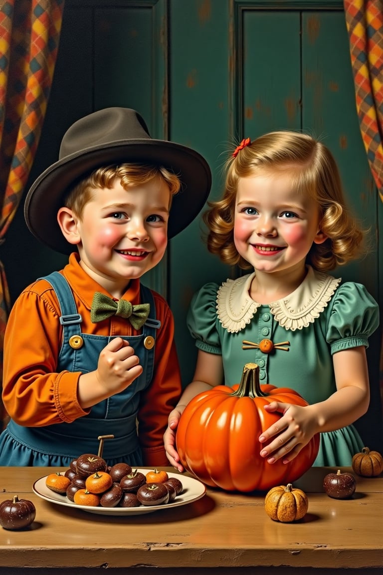 (((vintage 40s age style portrait boys and girls,  Halloween,  candy and chocolates vibrant colors by mal2 on Tensor.Art