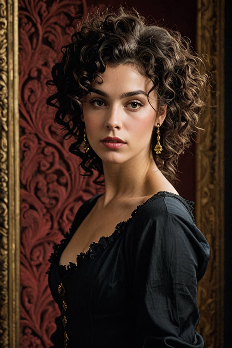 (((Iconic classical style 1800s extremely beautiful)))
(((Rococo style melancholic))) 
(((black short curly messy hair)))
(((Beautiful Gorgeous,muscular, voluptuous, sexy, athletic))) 
(((Chiaroscuro vivid colors background))) 
(((masterpiece,minimalist,epic, hyperrealistic,photorealistic))) (((view very zoom,view profile, Wide angle))) 
(((By Annie Leibovitz style,by caravaggio style)))