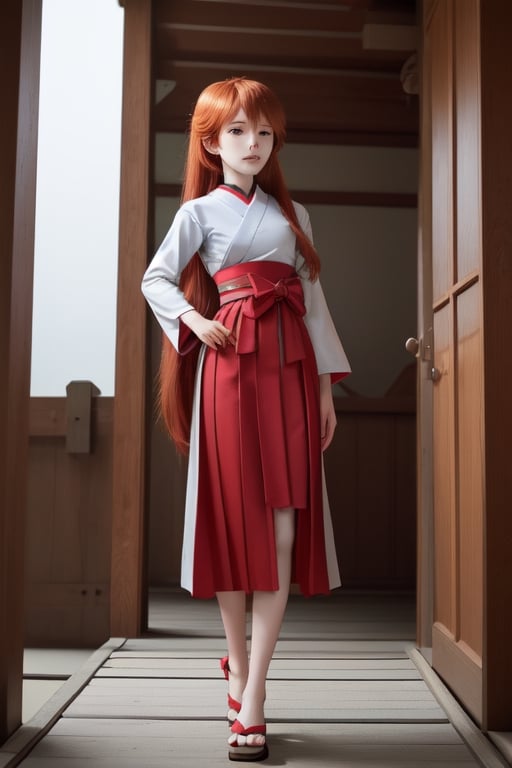 girl, asuka Langley jones, Long legs, small breasts,, red hair, long hair, round face, high definition, standing, castle Corredor wearing traditional Japanese samurai clothes, 