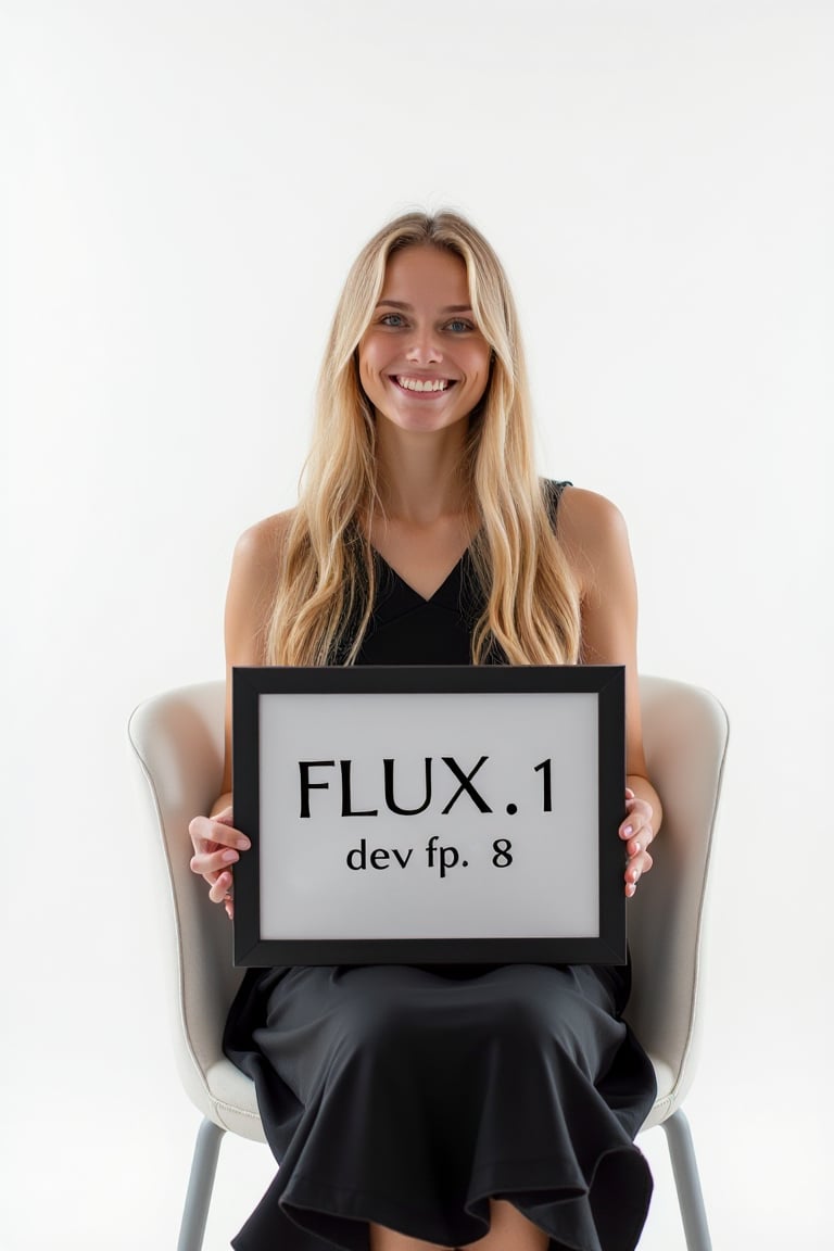 A young woman with long blonde hair and blue eyes,  in a black midi-dress,  sits on a white chair. She smiles warmly by AB...