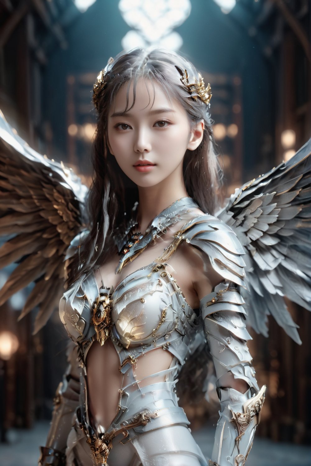 Here's the prompt:

A stunning 17-year-old Korean idol, standing tall and slender in a breathtakingly glamorous full-body armor set, gazing directly at the camera with an ethereal beautiful face. Her translucent skin texture and porcelain skin tone seem almost otherworldly, framed against a hyper-realistic background that rivals a Vogue magazine cover. The lighting is dramatic, with a shallow depth of field emphasizing the model's stunning features. Fuji Velvia film-like quality and intricate details are captured in 8K UHD resolution, making this image a true masterpiece.,Angel