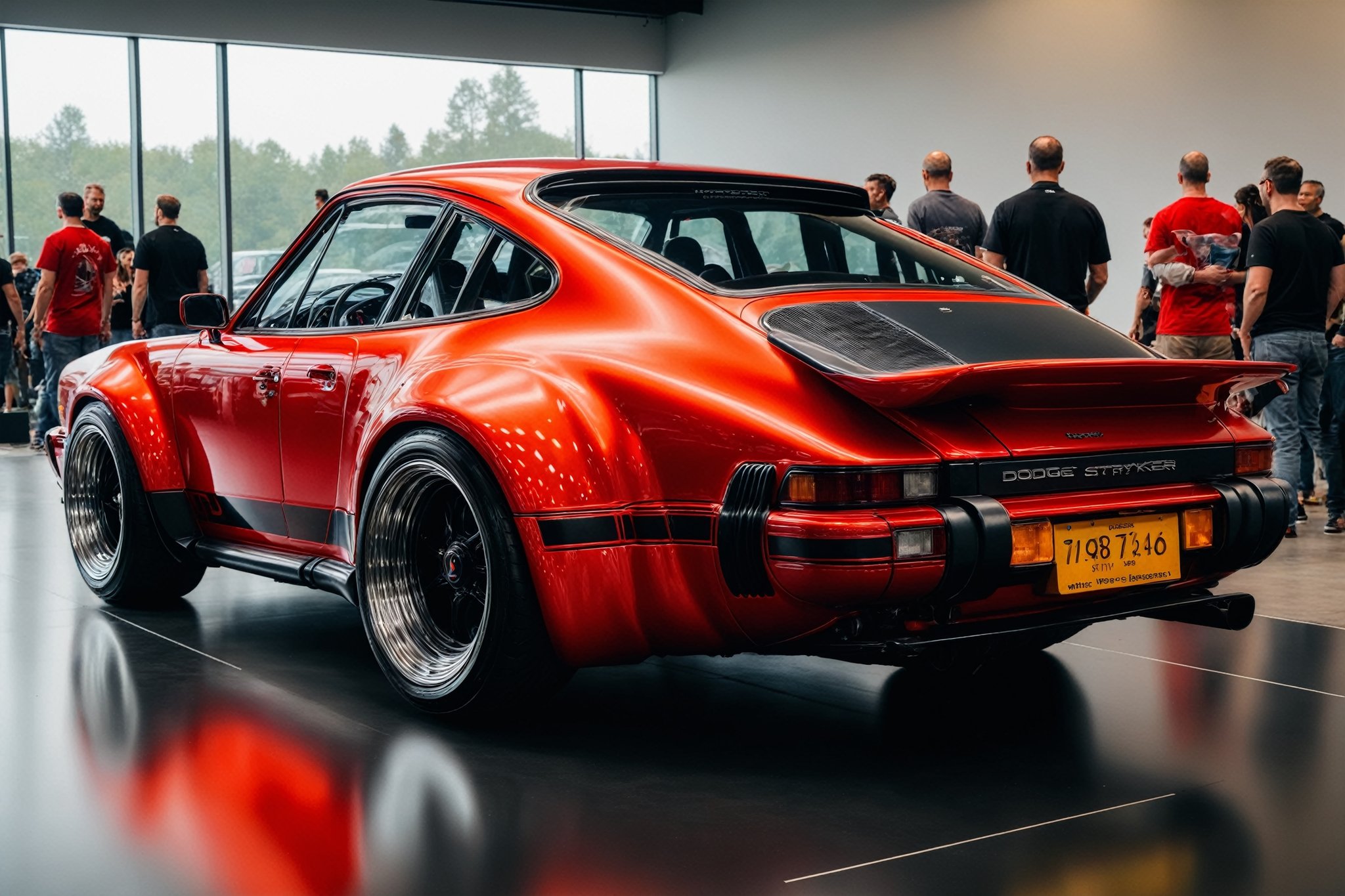 front view Photo of a highly modified 1976 Porsche 934, color is Dodge Stryker Red and it shines unmeasurably, the reflections are unstopable, the car is in a indoors at a car show, with people everywhere, The car is elevated on a stage, it has a classic 1976 Porsche whale tail, that flares up on the sides and the rear,

((8k, RAW photo, highest quality, UHD Masterpiece:1.2), High detail RAW colour photo professional photo,
(realistic:1.5)(photorealistic:1.2)( photo-realistic:1.37)(hyperrealistic:1.4)ultra realistic illustration,	realism pushed to extreme,
extremely defined blacks(rgb 0,0,0,)extremely high contrast, volumetric light, volume (sharp focus) (perfect focus:1.2)(Bright and intense:1.2)(perfect focus:1.2)(perfect lighting)

,ral-chrome