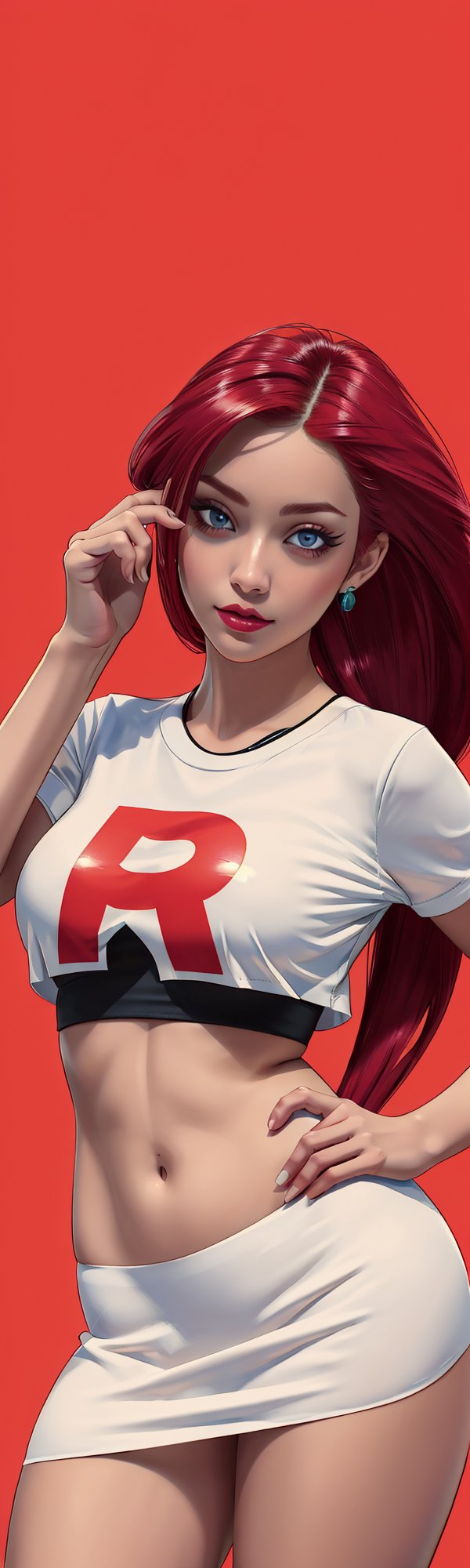 ((masterpiece, best quality)), jessie, pokemon,white top with red letter R, white skirt, pikachu background,sexy,curvy body,detailed face,perfect eyes,detailed hands,hands up,light background,mix of fantasy and realistic elements,vibrant manga,uhd picture , crystal translucency, vibrant artwork,jessie\(pokemon\) photoreapistic, photo, , realistic