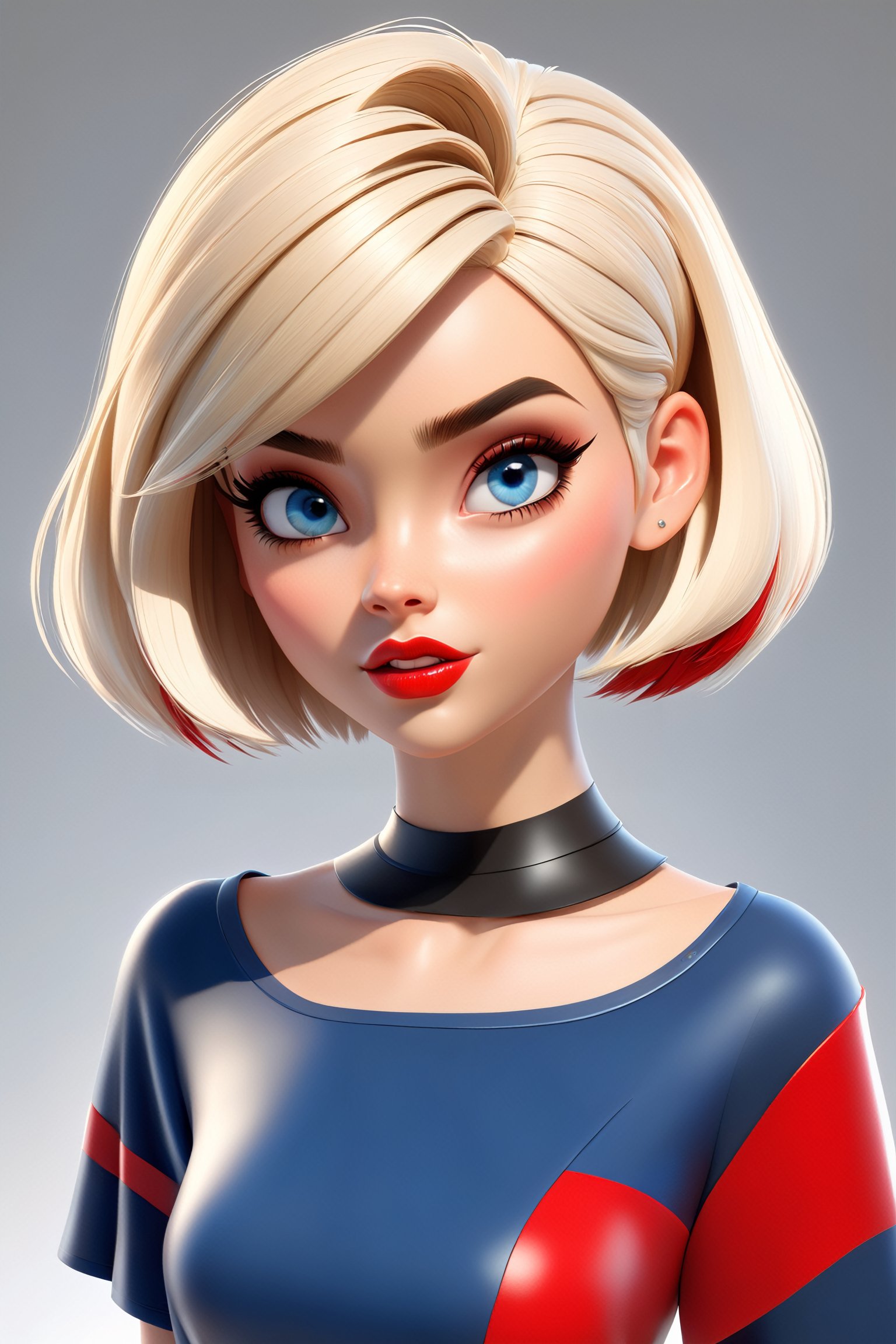 score_9, score_8_up, score_7_up, 3d toon style,1girl,solo, upper body,looking at viewer, white background, bob cut, short hair, blonde hair, makeup , parted lips, red lips, mascara,  eyeliner, blue eyes