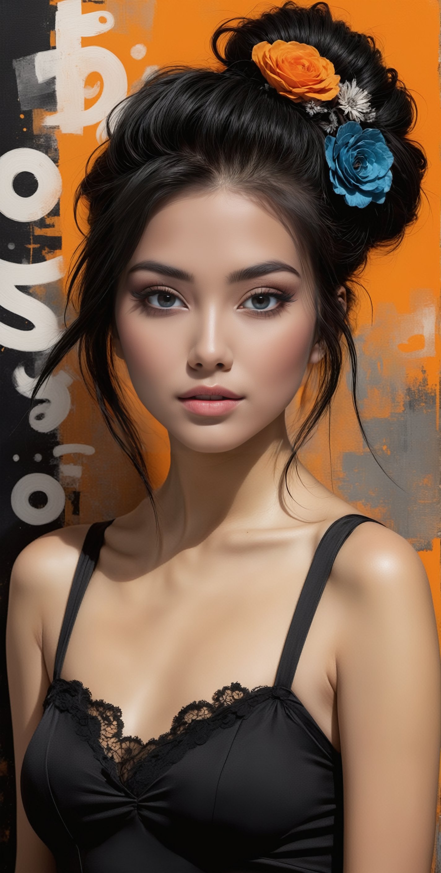 A cityscape's gritty urbanpunk meets whimsical flowerpunk in a stunning Asian woman's portrait. Against a black and orange gradient background, abstract wabi-sabi art swirls with punk collage textures. Random graffiti strokes dance across her face, juxtaposing kanji characters amidst surreal artwork. The subject's beautiful features embody Impermanence, as if Disney-Pixar style animation brought her to life within this vibrant, dreamlike scene.