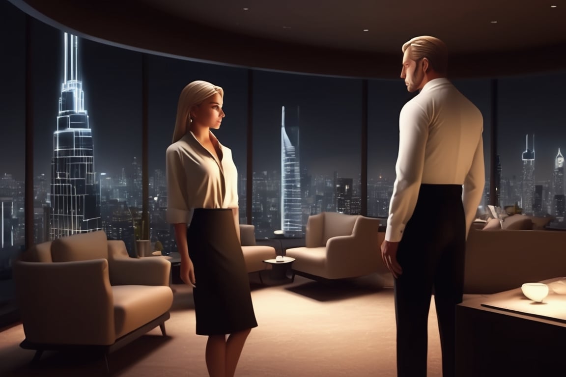 4k, ultra hd, ultra detailed characters, realistic characters hard shadows, mixed cozy and white lights, night charming, night lights romantic ambience, giant luxury office lobby interior with impressive cityscape view of futuristic city from panoramic windows, floor to ceiling windows, chic couple standing for the picture, medium blonde hair secretary, short dark brown hair executive man, them both looking at me, she's wearing black leather long skirt and white cotton shirt, he is rich corporation CEO's style,Movie Still,light,aesthetic portrait