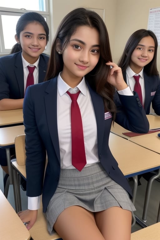 Ultra realistic, natural face and body structure, she is with her friends in her college, all of them sitting at class bench, she and her friends wearing college uniform with tie, blazer and skirt 