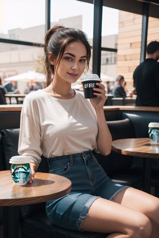 She is Sitting in a cafe holding starbucks in her hand, ultra realistic, wearing casuals, natural face and body structure.