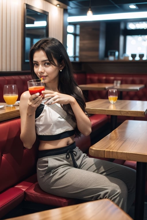 ultra realistic, natural face and body structure, full body shot, she is a beautiful 21 year old indian girl, clear forehead, shot from a distance, india background, looking aesthetic, she is in a restaurant with a lot of foods on the table and sipping juice with straw, night time,  she is wearing a loose and baggy trouser, wearing crop-top, there are many families in the restaurant 