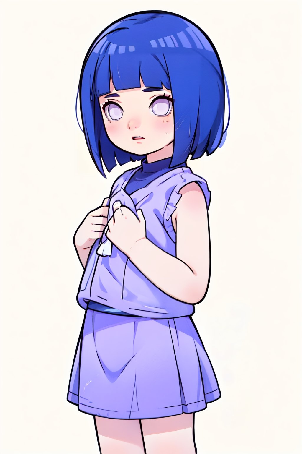 one Female,Chibi character,soft hair, short hair, flat chest,BREAK,Simple sleeveless dress,simple skirt,BREAK,whitish lavender eyes,dark blue hair, pale complexion, aausagi, simple background,hinata(boruto),Naruto,Hinata,hinata