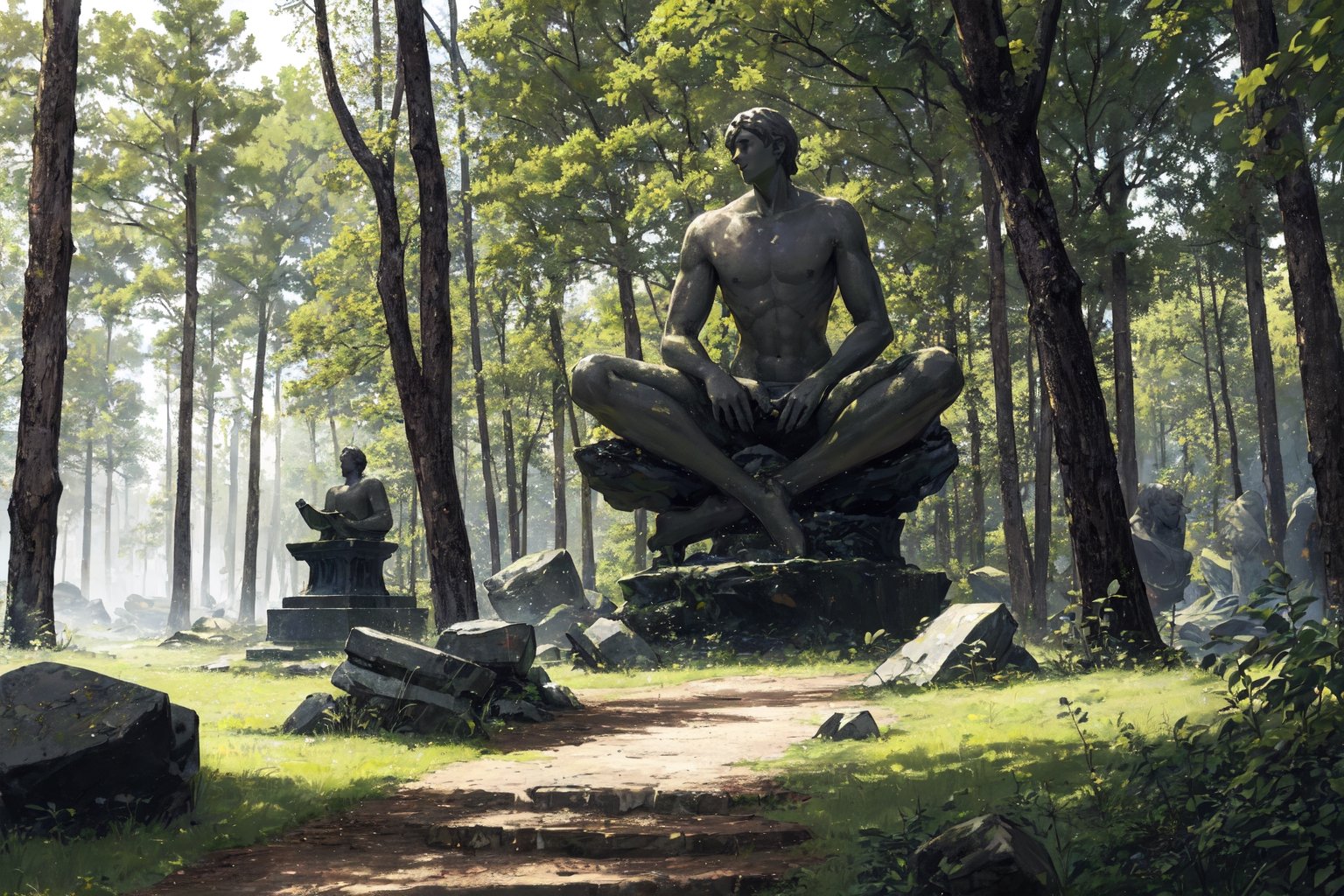 forest, masterpiece, rocks, worn down statues, best quality, highres