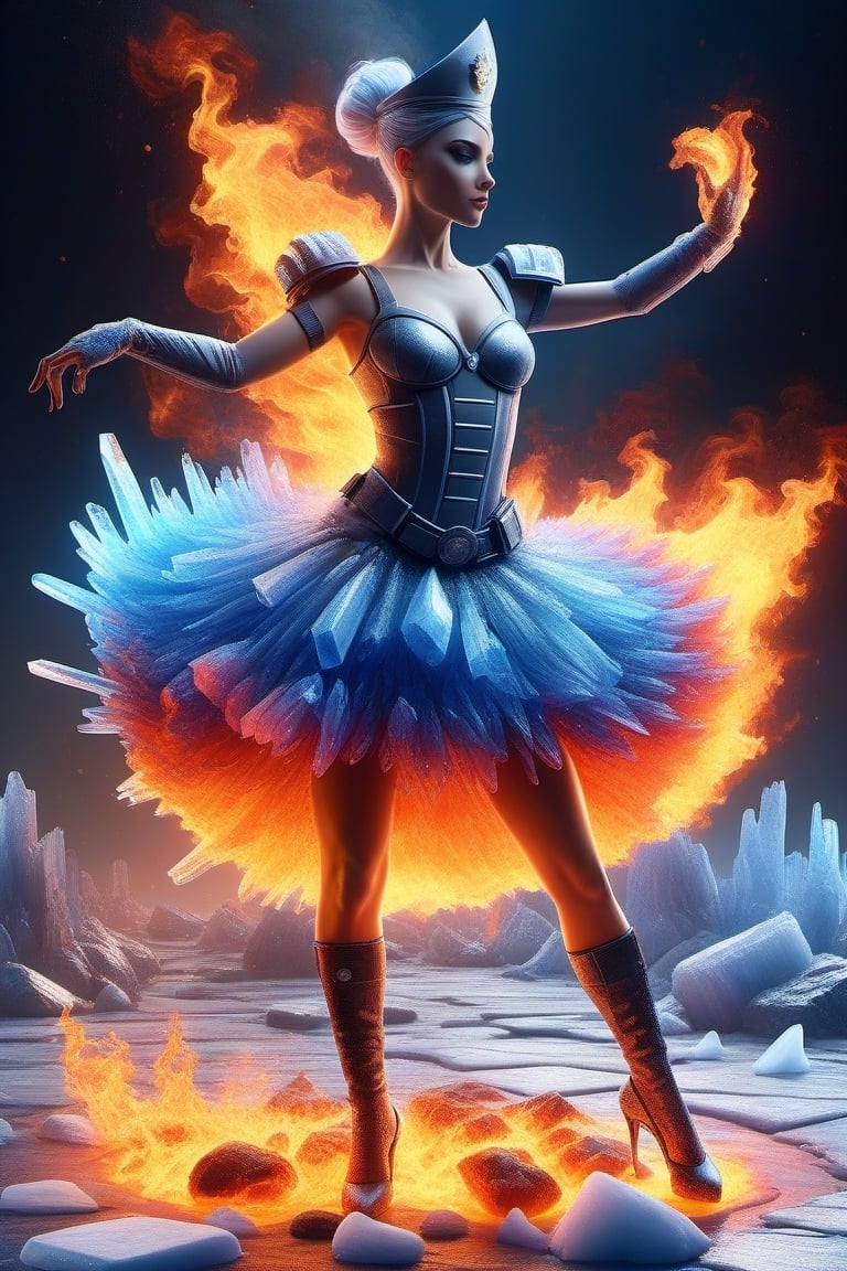  (+18) , NSFW,

A sexy (police) woman Ballerina Dancing on surreal ICE and fire in The ruins of volcanic City,
Colourful , ultra realistic, unreal engine ,faize,Lady police 