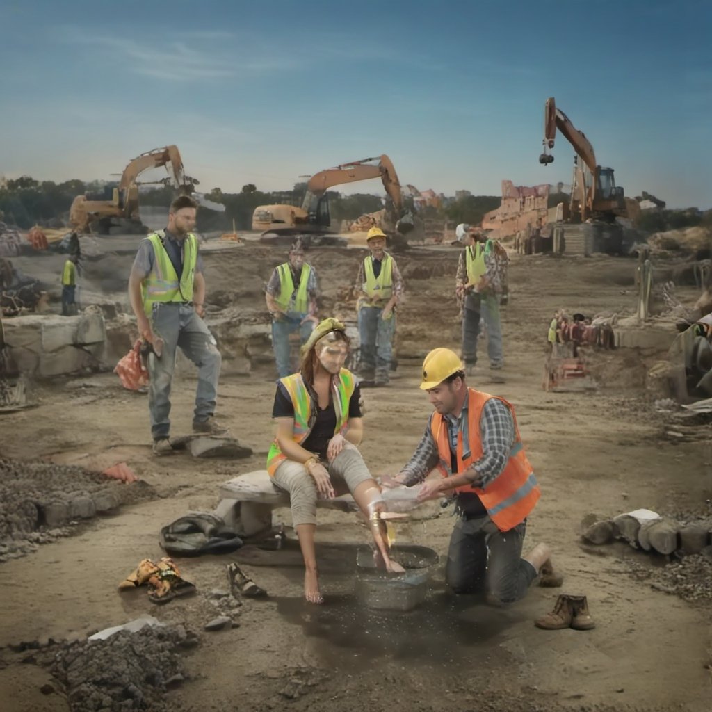 (+18) ,
washing feet,  
1girl,  1boy,  
blonde woman,  
wet see through white sexy mini dress,  
bare feet,  
discarded high heels,  
brunette construction worker,  
holding hard hat,  
high vis vest,  
muscular arms,  
khaki pants,  
on one knee,  
bare feet,  discared boots,  
at constuction site,  
surrounded by hooting and hollering construction workers in hard hats,  
at construction site,  
trucks,  
construction equipment,food ,more detail XL
,
#Chesthole ,
,