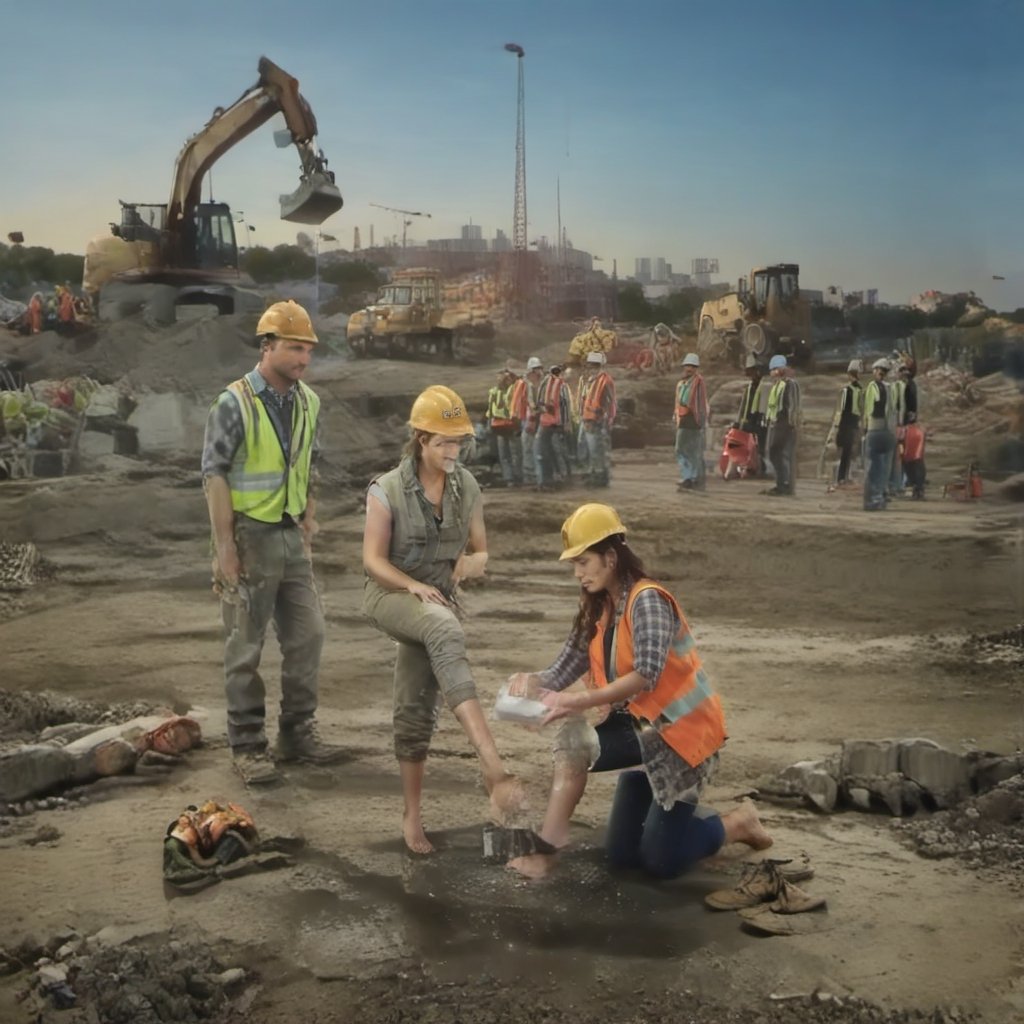 (+18) ,
washing feet,  
1girl,  1boy,  
blonde woman,  
wet see through white sexy mini dress,  
bare feet,  
discarded high heels,  
brunette construction worker,  
holding hard hat,  
high vis vest,  
muscular arms,  
khaki pants,  
on one knee,  
bare feet,  discared boots,  
at constuction site,  
surrounded by hooting and hollering construction workers in hard hats,  
at construction site,  
trucks,  
construction equipment,food ,more detail XL
,
#Chesthole ,
,