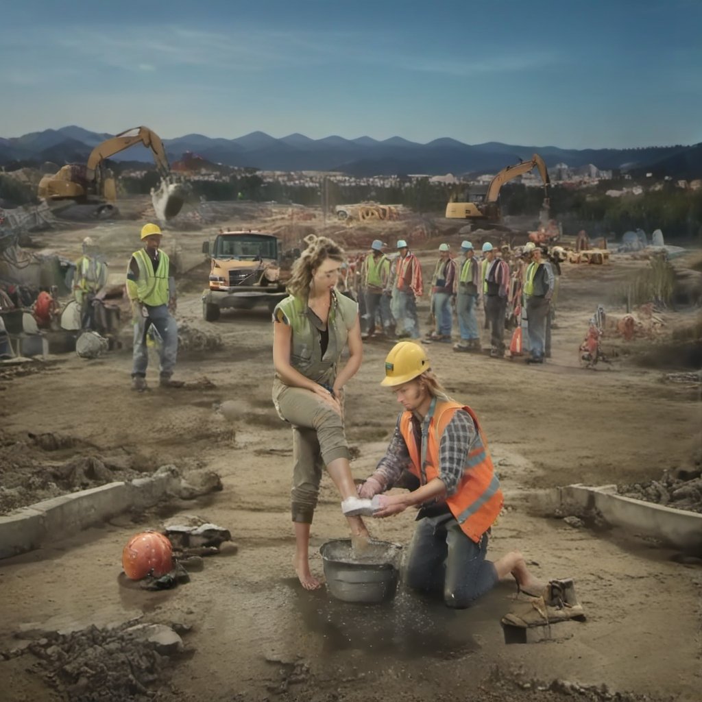 (+18) ,
washing feet,  
1girl,  1boy,  
blonde woman,  
wet see through white sexy mini dress,  
bare feet,  
discarded high heels,  
brunette construction worker,  
holding hard hat,  
high vis vest,  
muscular arms,  
khaki pants,  
on one knee,  
bare feet,  discared boots,  
at constuction site,  
surrounded by hooting and hollering construction workers in hard hats,  
at construction site,  
trucks,  
construction equipment,food ,more detail XL
,
#Chesthole ,
,