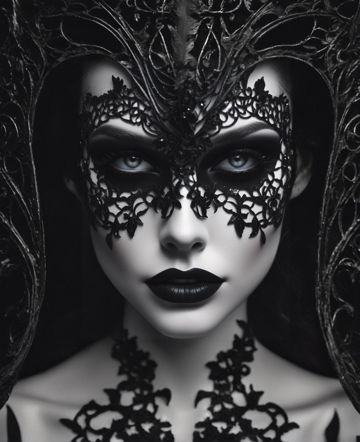 ((extremely realistic photo)), professional photo, The black and white image features a beautiful model in gothic style with dark lipstick and a lace mask stares into the camera, ((extremely detailed realistic and perfect_crystal_soft_gray_eyes)), ((ultra realistic detailed perfect face)), hard_black_eyeliner, ((hard black gradient to hard silver eyeshadow:1.20)) and ((full lips intense_glossy_chrome_black_color lipstick:1.20)), ((ultra sharp focus)), (realistic textures and skin:1.1), ((perfection in the hands:1.1)), aesthetic. masterpiece, pure perfection, high definition ((best quality, masterpiece, detailed)), ultra high resolution, hdr, art, high detail, add more detail, (extreme and intricate details), ((raw photo, 64k:1.37)), ((sharp focus:1.2)), (muted colors, dim colors, soothing tones ), siena natural ratio, ((more detail xl)),more detail XL,detailmaster2,Enhanced All,photo r3al,masterpiece,photo r3al