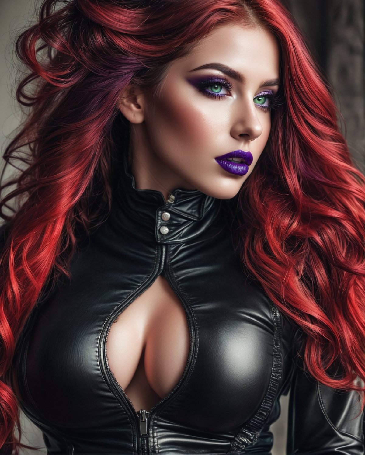 ((extremely realistic photo)), professional photo, The image features a big breast beautiful model with red wavy hair and purple lipstick, dressed in a black leather top, ((extremely detailed realistic and perfect_crystal_soft_green_eyes)), ((ultra realistic detailed perfect face)), hard_black_eyeliner, ((hard black gradient to hard silver eyeshadow:1.20)) and ((full lips intense_glossy_chrome_purple_color lipstick:1.20)), ((ultra sharp focus)), (realistic textures and skin:1.1), ((perfection in the hands:1.1)), aesthetic. masterpiece, pure perfection, high definition ((best quality, masterpiece, detailed)), ultra high resolution, hdr, art, high detail, add more detail, (extreme and intricate details), ((raw photo, 64k:1.37)), ((sharp focus:1.2)), (muted colors, dim colors, soothing tones ), siena natural ratio, ((more detail xl)),more detail XL,detailmaster2,Enhanced All,photo r3al,masterpiece,photo r3al