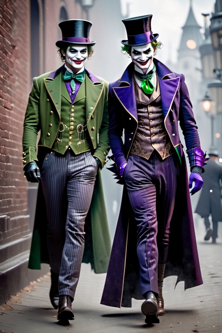  Full body shot, HZ steampunk, Joker and Batman wearing victorian style fashion, wearing victorian style hat, use purple and green color for fashion, batman and joker walking side by side, in motion, smiling, steampunk style.