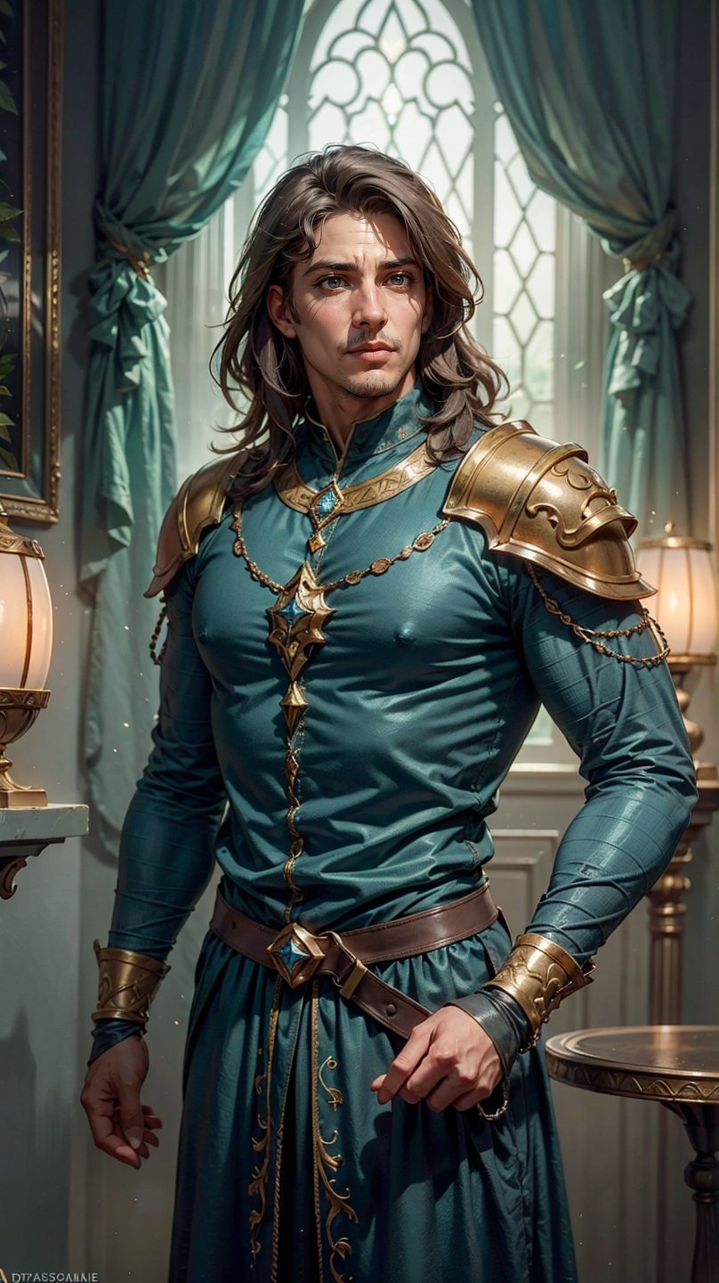 tall, broad-shouldered nobleman, clean-shaven, solid imposing presence, (round face:1.2), (broad face:1.2), dark brown hair, (shoulder-length hair:1.2), (masculine face:1.2), (brown eyes:1.2), simple but elegant clothes, (blue and grey clothes:1.2), unadorned clothes of the finest quality, warm yet observant eyes reflect his thoughtful nature and seem to take in everything around him quietly assessing the world without revealing much of his inner thoughts, historical fantasy, late renaissance early modern period, dynamic lighting, Dungeonsanddraons, Presto