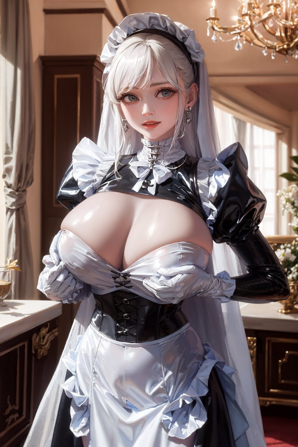 Imagine this. Upscaled. (Masterpiece, best quality, high resolution, highly detailed), Indoors detailed background, perfect lighting. (1girl:1.3), solo, (Hands:1.1), better_hands, gloved hands, better_hands. Rule of thirds,
Corny Katrina maid with white hair smiling and teasing you. Maid, black dress (dress:1.2), heavy duty working rubber gloves, puffy skirt, long skirt, puffy sleeves, long sleeves, Juliet sleeves, buttoned blouse with Victorian neck, tight corset, (huge breasts:1.1), breastfeeding chest. Indoors, (renaissance, vintage:1.2), ornate walls, 
By Paracosmos. 
,nodf_lora,LatexConcept