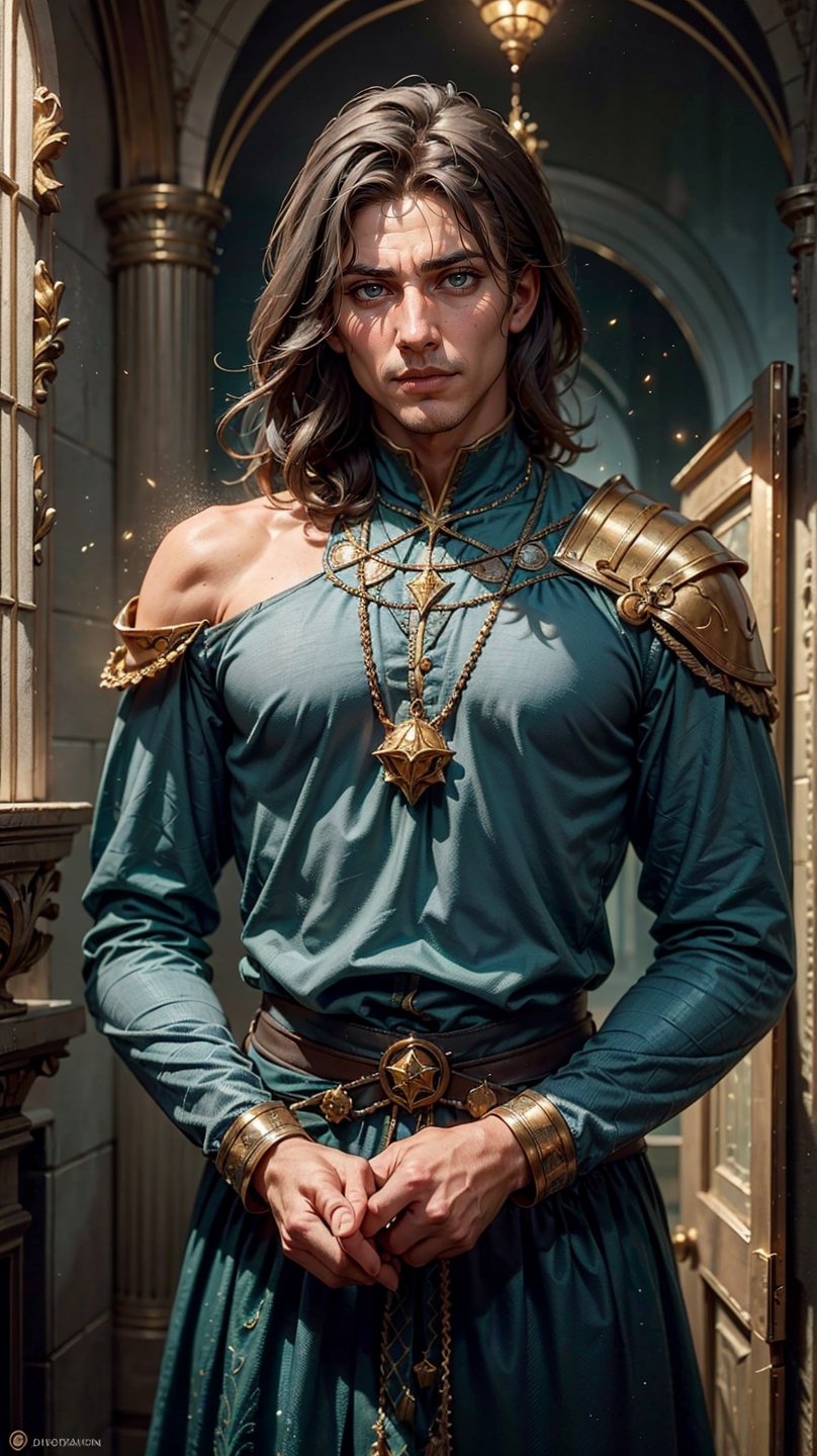 tall, broad-shouldered nobleman, clean-shaven, solid imposing presence, (round face:1.2), (broad face:1.2), dark brown hair, (shoulder-length hair:1.2), (masculine face:1.2), (brown eyes:1.2), simple but elegant clothes, (blue and grey clothes:1.2), unadorned clothes of the finest quality, warm yet observant eyes reflect his thoughtful nature and seem to take in everything around him quietly assessing the world without revealing much of his inner thoughts, historical fantasy, late renaissance early modern period, dynamic lighting, Dungeonsanddraons, Presto