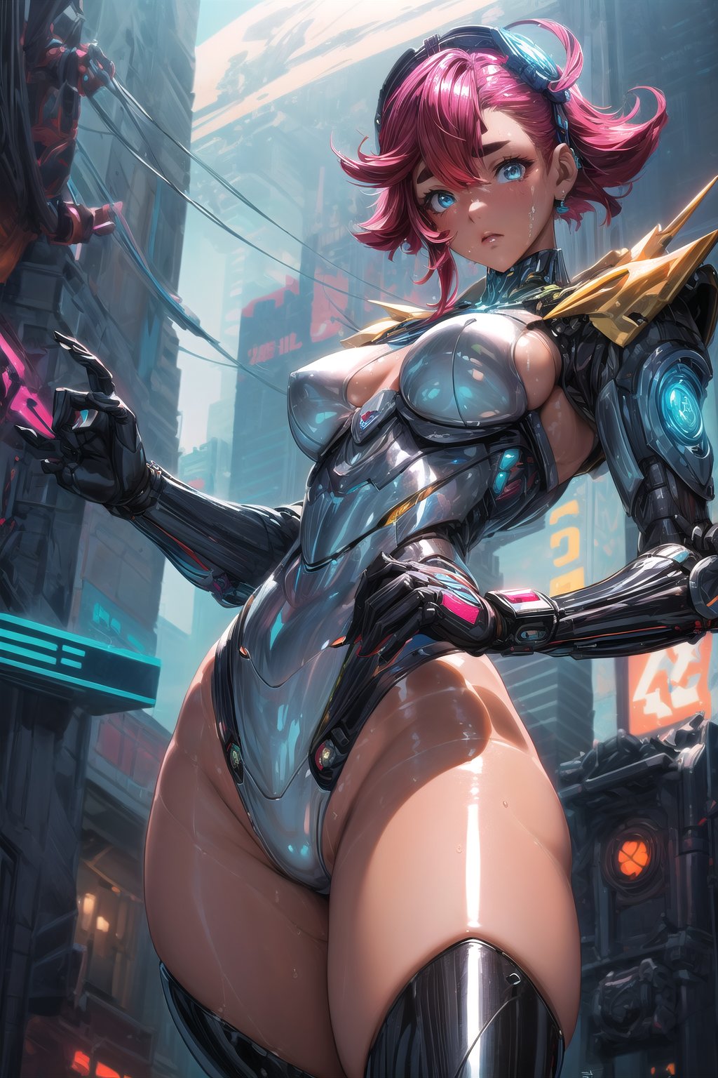 Masterpiece, Best quality, Photorealistic, Ultra-detailed, fine detail, high resolution, 8K wallpaper, a close up of a woman in a futuristic suit with a sci - futuristic weapon, girl in mecha cyber armor, cyberpunk anime girl mech, female mecha, female cyberpunk anime girl, digital cyberpunk anime art, clothed in cyber armour, cyber suit, neon scales and cyborg tech, cyberpunk femme fatale, cyberpunk anime girl, cyberpunk 2 0 y. o model girl1 girl,solo,Beautiful icon girl, mechanical ,mecha_musume,many led light, ocean, colorful_hair ,mechanical, blue sky, gundam_girl,1girl,(shiny oil skin:1.6),laser sword ,Enhance,Mecha girl,curve body,High detailed, spread legs, facing the viewer:1.5,  (long shot:0.9), (from below:1.6),High detailed,SulettaMer