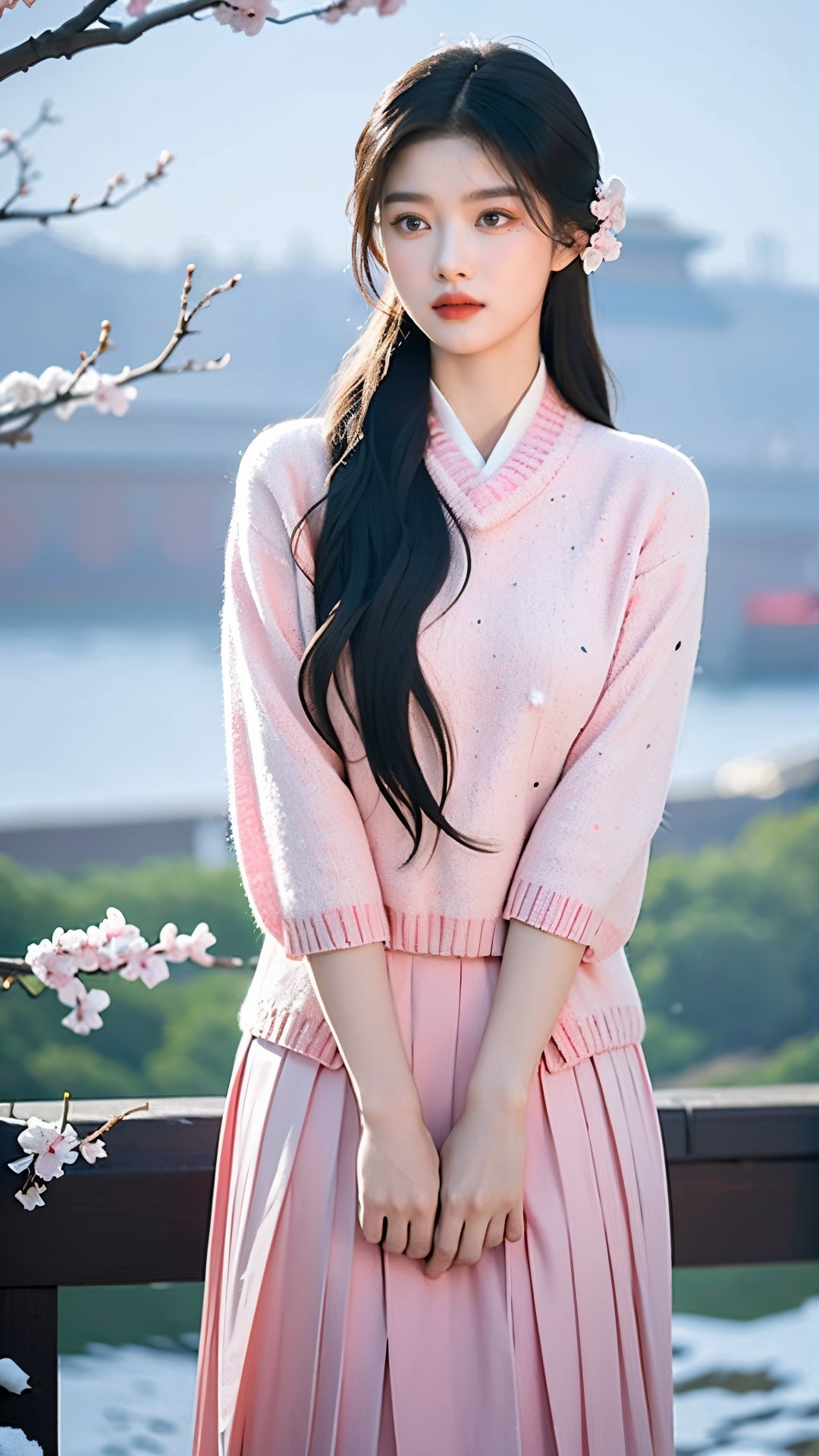 masterpiece, best quality, 1girl,Chinese hanfu,(pink sweater,mid length pleated skirt:1.2),(Forbidden City background, snowing, plum blossoms:1.2),plush clothes,(scarf:1.1),arms_behind_back,Young beauty spirit, (big breasts:1.3), ,Young beauty spirit ,vonnyfelicia,kimyojung