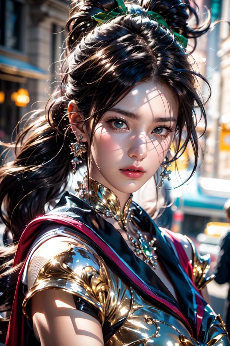 (Sailor Moon , Kyuubi ), chiffon costume,silver hair,hair beads ,hair ribbon, long_ponytail , street , sunlight ,green and red entanglement, crystal and silver entanglement .masterpiece, beautiful and aesthetic, 8K, HDR, high contrast,raw photo, best quality, realistic, photo-Realistic, best quality, masterpiece, high contrast, vibrant color, muted colors, cinematic lighting, ambient lighting, sidelighting, Exquisite details and textures,ultra realistic illustration,dragon head