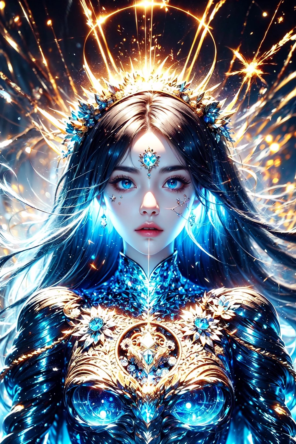 (Amaterasu),(blue energy clothes),(black and white entanglement),(iron and illuminatorl entanglement),(crystal and silver entanglement),High Detail,masterpiece,best quality,more detail,Hyper Quality,detailed,more detail,Texture-rich,Delicate texture,fantasy