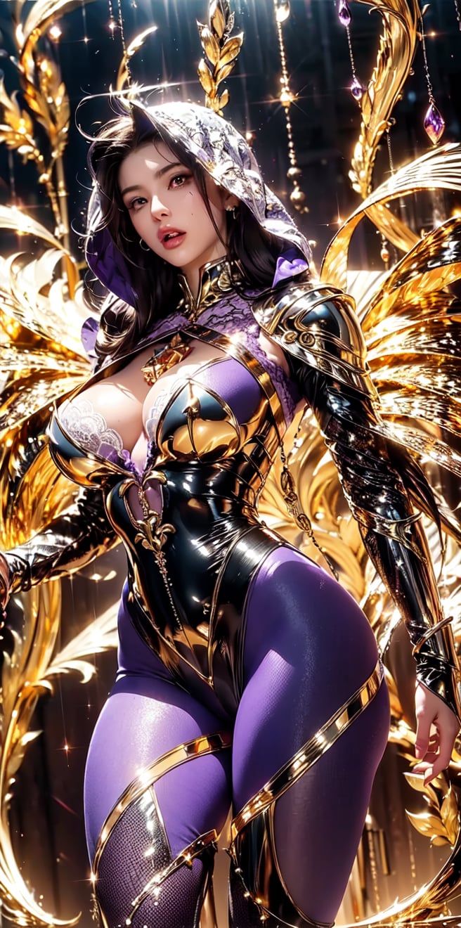 (archangel,Saint Seiya,bodystocking),The goddess' sweaty face emerges from the open mouth of the (quest bare puppet costume:1.3)'s hood,(flawless face).Exquisite details and textures,High Detail,detailed ,Texture Mapping,more detail,masterpiece, best quality,(Vibrant color:1.2),(armour,lace),(red and white entanglement), (crystal and silver entanglement),(purple tones:1.5)