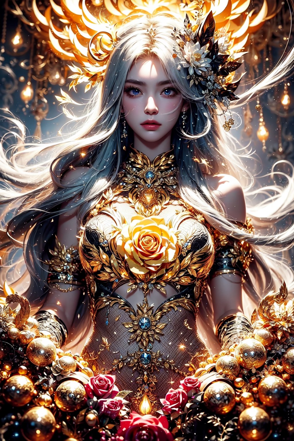 (Venus),(gold rose),black and white entanglement,crystal and silver entanglement,High Detail,masterpiece,best quality,more detail,Hyper Quality,detailed,more detail,Texture-rich,Delicate texture,fantasy