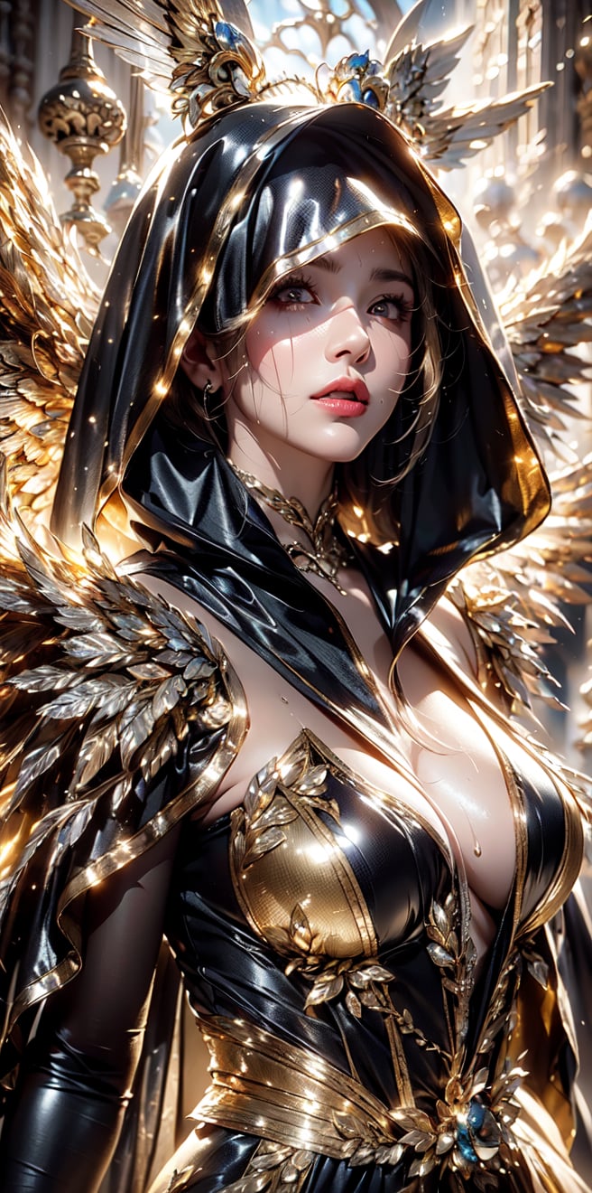 The goddess' sweaty face emerges from the open mouth of the ((archangel puppet costume))'s hood,(flawless face).Exquisite details and textures,High Detail,detailed ,Texture Mapping,more detail