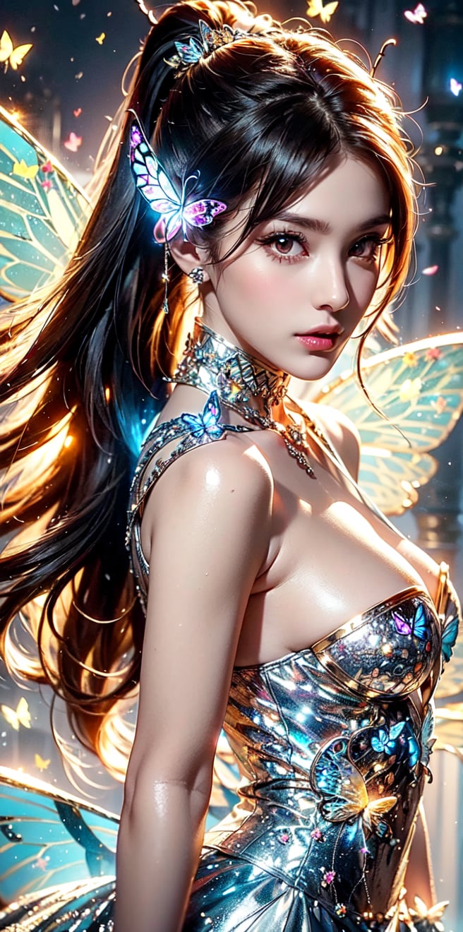 angel halo,golden hair,(light_red_eyes:1.2), high ponytail,curvy, light of wings,(British|Japanese),(crystal crown),(silver veil),(pendant),hair bow,tassel,collar with bell,white overcoat,face shot,outdoors,Mysterious, elegant, sexy, perfect, sacred, dignity, glory ,picture of the day,(complex Butterfly structure:1.5)