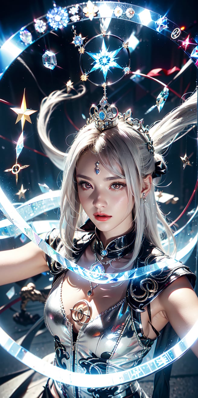 White hair,(light_red_eyes:1.2), high ponytail,curvy, (British|Japanese),(crystal crown),(silver veil),(pendant),hair bow,tassel,collar with bell,white overcoat,face shot,outdoors,Mysterious, elegant, sexy, perfect, sacred, dignity, glory ,picture of the day,(complex magic_circle structure:1.5)