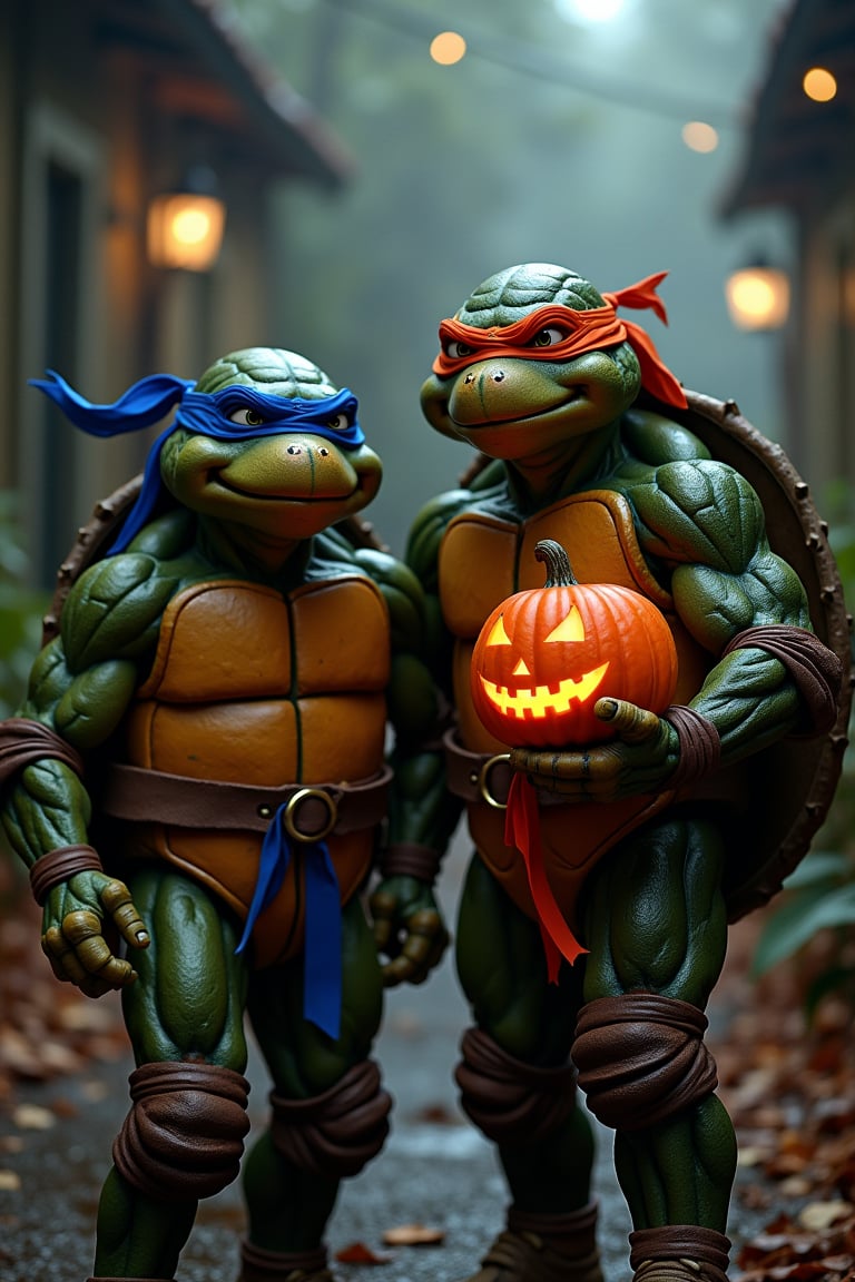 Happy Halloween. Teenage Mutant Ninja Turtles. 1990s style, but dark realistic aesthetic. 