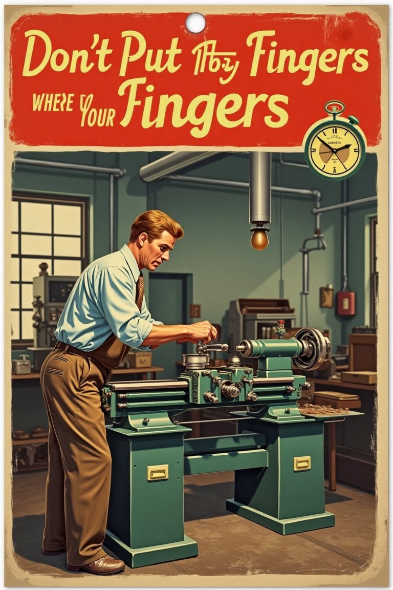 Don't put your fingers where you wouldn't put your dingus. 1950s factory educational poster. Heavy machinery, lathe, bench grinder,