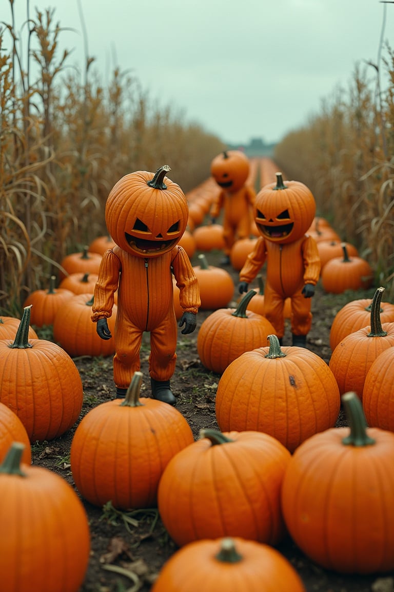 A 35mm photo of a backwards alternate reality where humanoid pumpkin-people are picking a field of scared screaming actual-humans as produce.