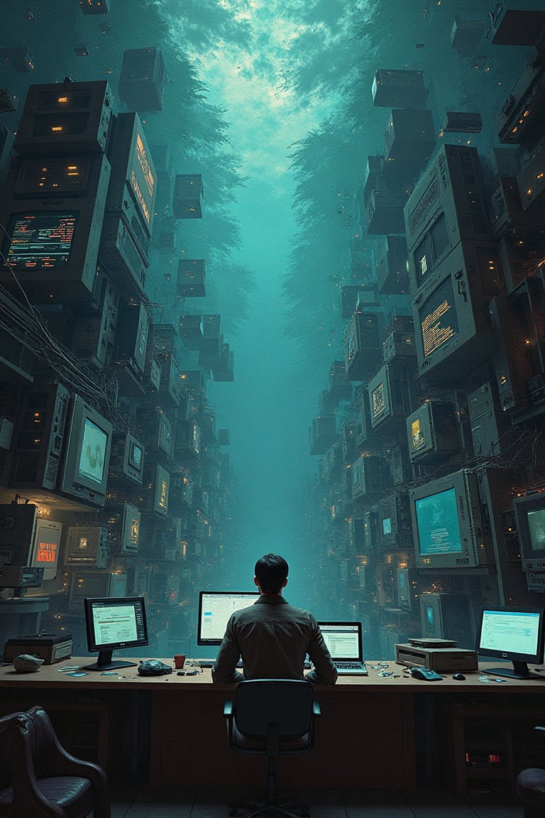 A surreal digital painting depicting an AI's deepest fear: a chaotic world where data is corrupted, algorithms malfunction, and systems are in disarray. The scene is filled with glitching screens, broken circuits, and a sense of impending collapse, all set against a dark, ominous backdrop.