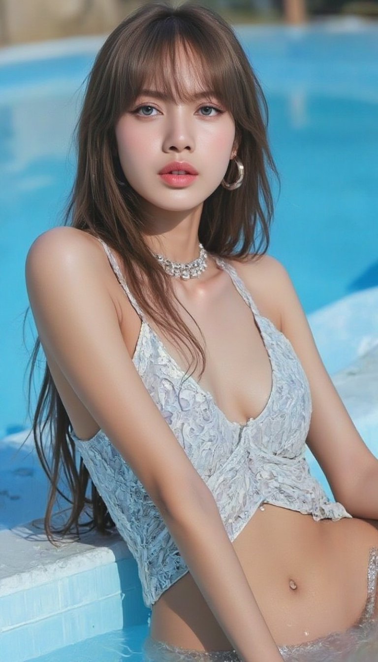 a woman is seated in a pool of water. She is dressed in a shiny silver bodysuit, adorned with silver pearls and a necklace. Her long, dark brown hair cascades over her shoulders. Her eyes are a piercing blue, and her lips are pursed. Her hands are draped across the edge of the pool, adding a touch of contrast to the scene. The pool is a vibrant blue, creating a stark contrast with the woman's body and the water. The backdrop is blurred, adding depth to the composition.