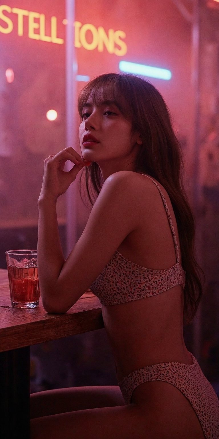 In a smoky, muted nightclub setting, a dreamy, tired Asian woman sits at a table, sipping her drink amidst the vibrant colors of the club. Her long, messy hair cascades down her face as she gazes into the distance, wearing sultry hot clubwear that accentuates her fit physique. The ambient lighting casts a warm glow, with subtle light leaks adding to the cinematic atmosphere. Subsurface scattering creates a sense of depth and texture on her skin, while the multi-color lights illuminate the scene in sharp focus. The ultra-detailed background features intricate details, like the haze and mist, making it perfect for a high-quality wallpaper or photographic art piece.