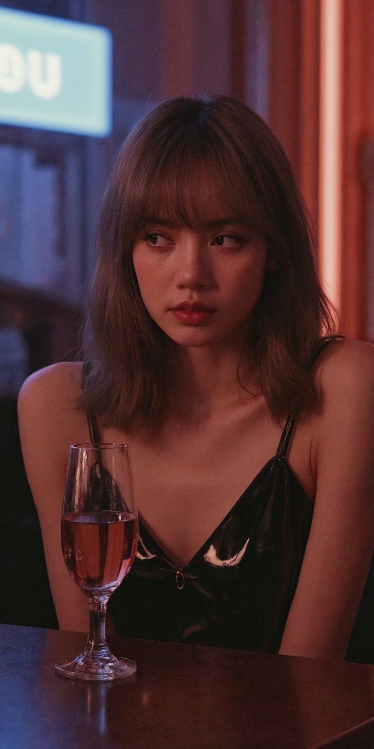 A sultry Asian woman, dressed in dark hues, sits pensively at a nightclub table, her tired gaze reflected in the glass of her drink. She wearing a shiny black clubwear clothing with long v necklone. The dimly lit room is shrouded in haze, with muted colors illuminated by subtle light leaks and cinematic lighting that creates a sense of depth, accentuating her contemplative pose amidst the vibrant nightlife.