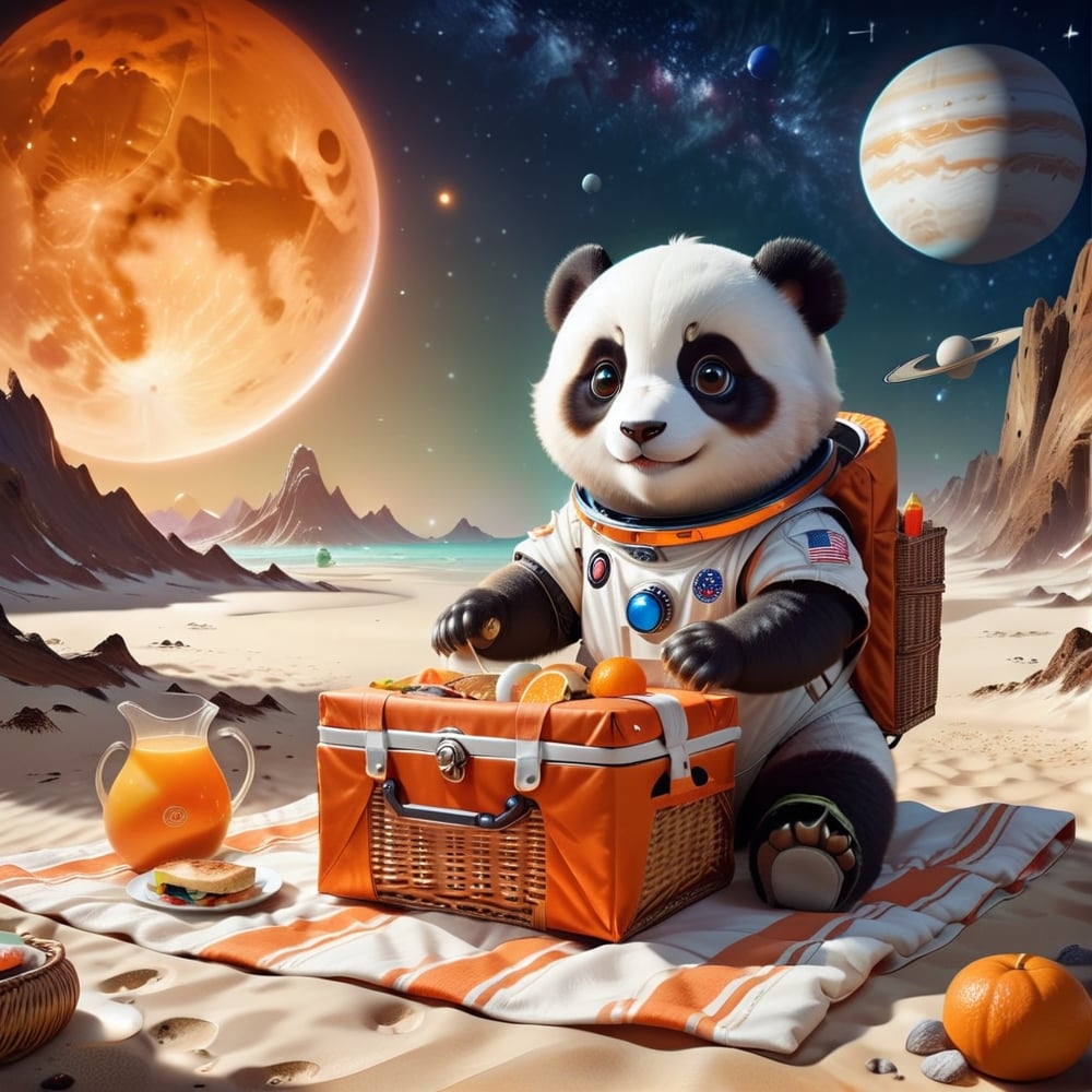 Experience the dazzling sunshine and white sand beaches of Venus. Our space panda wears an orange spacesuit and spends leisurely time on this pleasant planet. He was lying on an ethnic woven blanket with a picnic basket beside him. Open the basket to reveal delicious food. Sandwiches, 2000c.c. There is a big kettle next to the basket. --ar 3:4