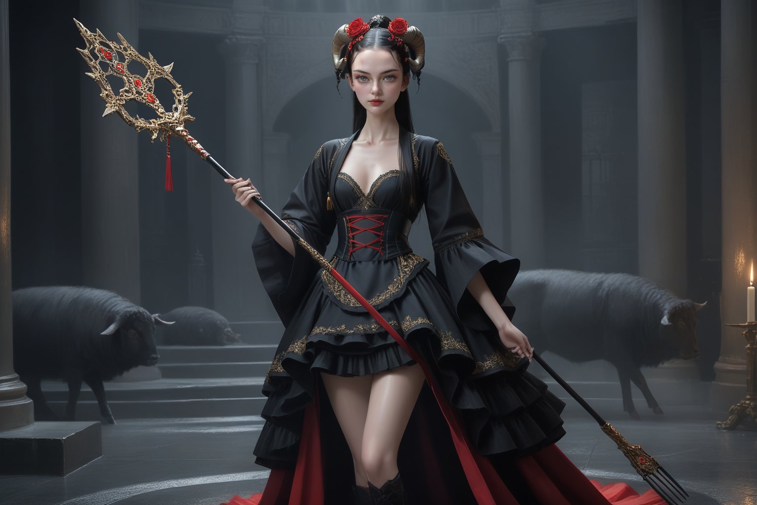 A Grimm-inspired illustration of a stunning,  flawless beauty with perfect eyes and a striking,  symmetrical face. She wea...