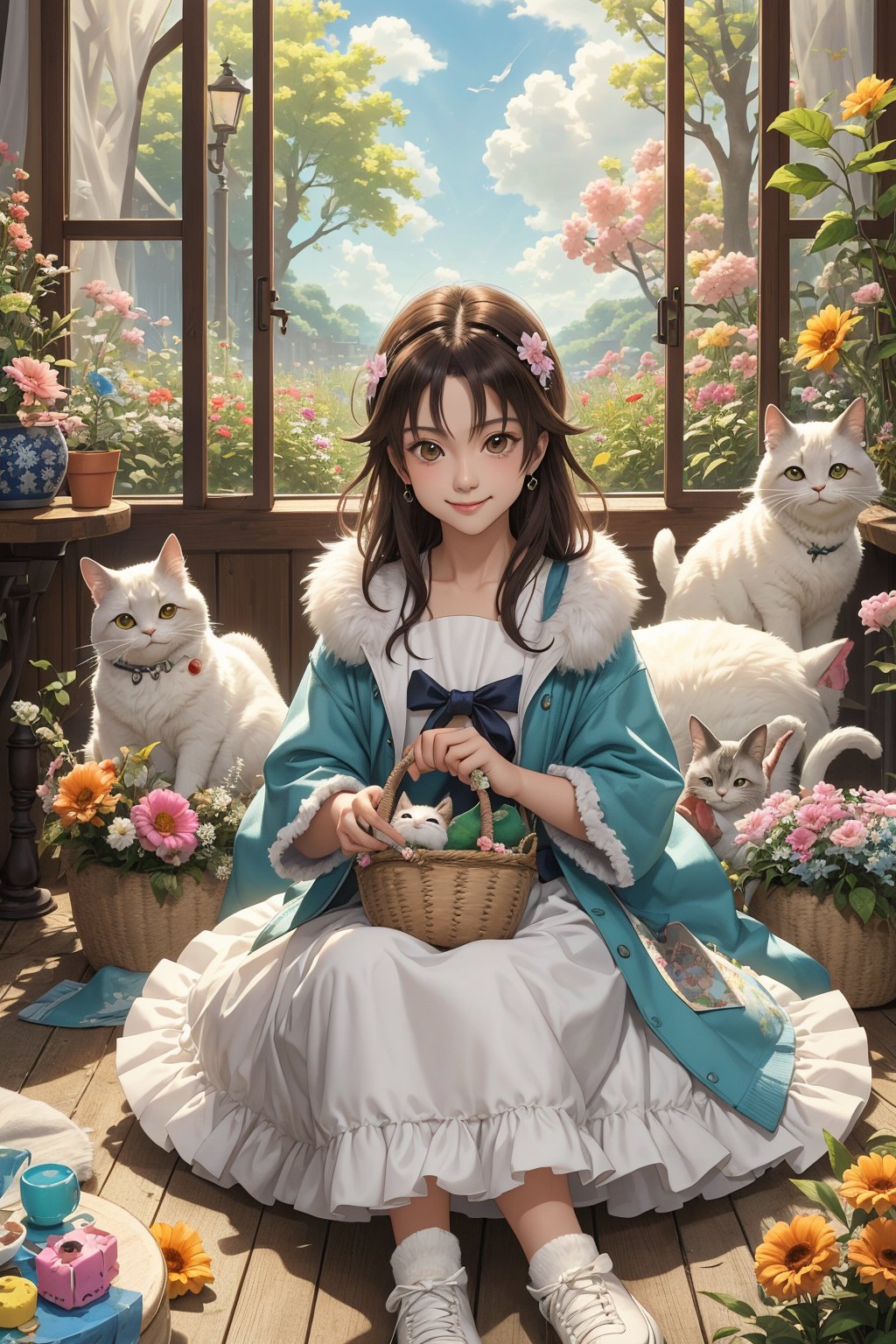 (best quality,ultra-detailed,cute animals,vivid colors,soft lighting,digital illustration,fluffy fur,playful expressions,adorable poses,dreamy atmosphere,colorful surroundings), (art by Makoto :1.5), digital art, child, cute cat, 16K, cool wallpaper, (pretty hair, long hair), things, jasmine, pillows, clutter, toy, basket, wood, pot, can copper, garden yard, circle face, smile, sharp focus, HDR,Cosplay,onitsuka_natsumi_lovelivesuperstar,Add more details